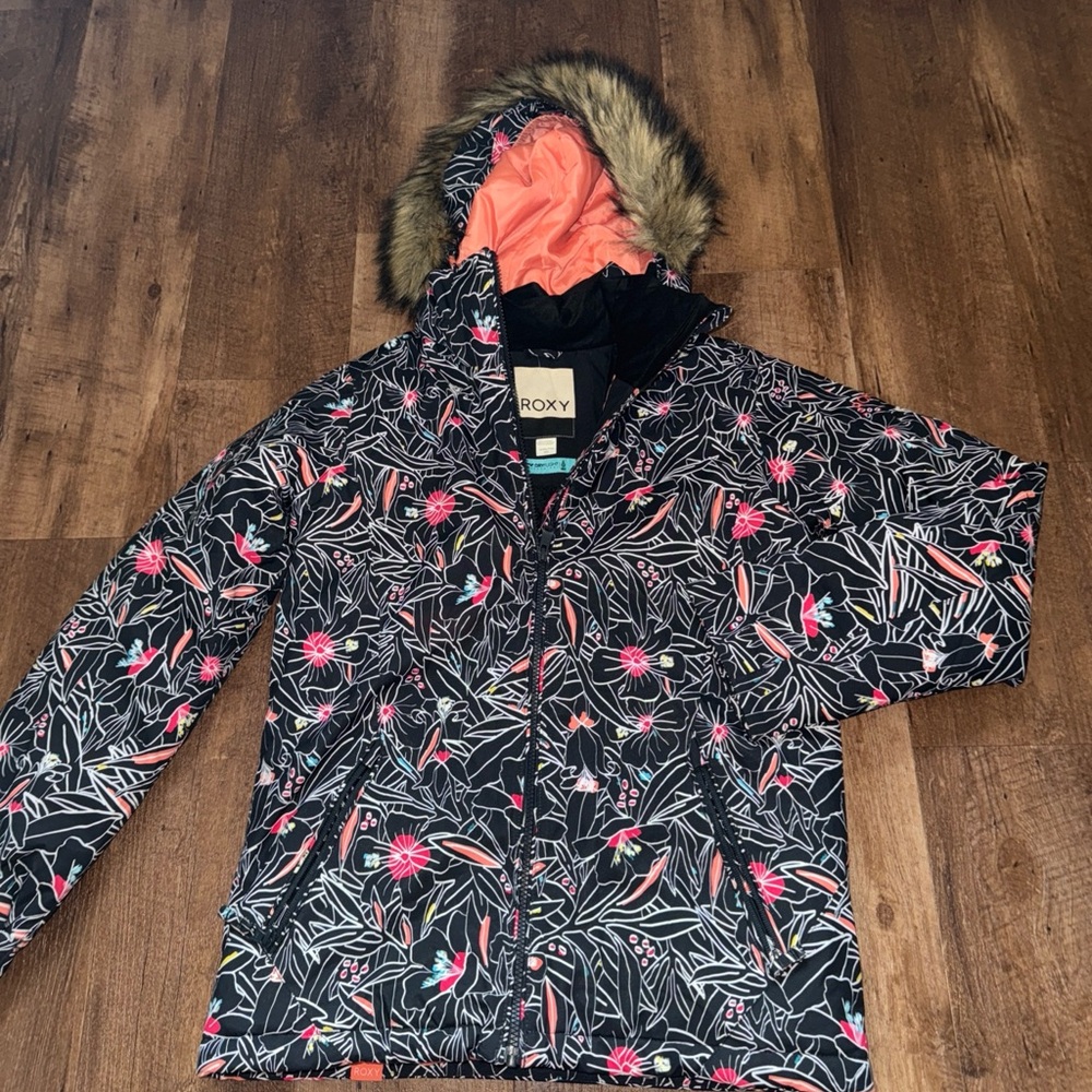 ROXY Snowboard Ski Jacket Girls Size 16 2XL Faux Fur Hood Detach Dry Flight 10K